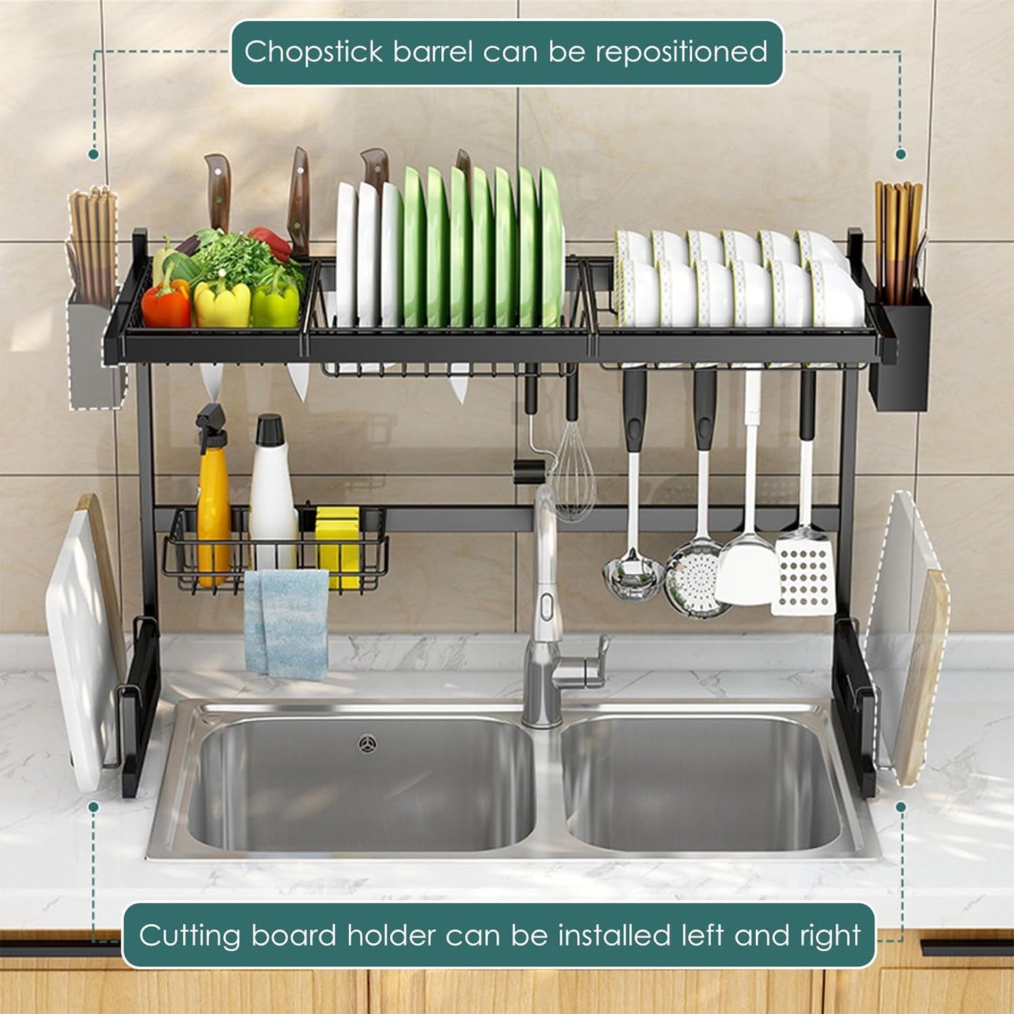 Kitchen Sink Rack- Double, Stainless Steel Over Sink Dish Drying Rack