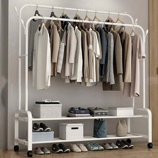 Multi-Layer Clothes Hanger Rack with Hooks & Wheels, Double Pole Clothes Rack with Wheels