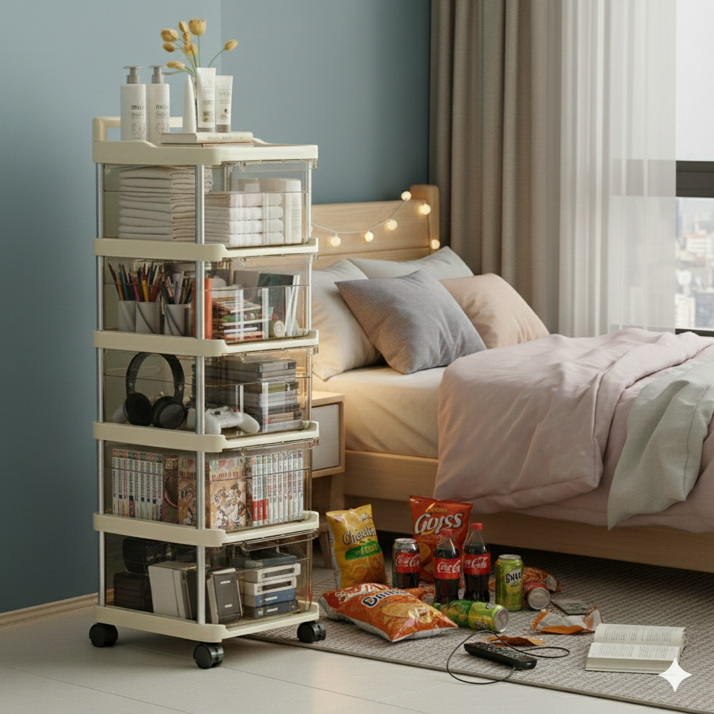 Plastic Drawer Organizer with Wheels, Multilayer Rolling Storage Cabinet