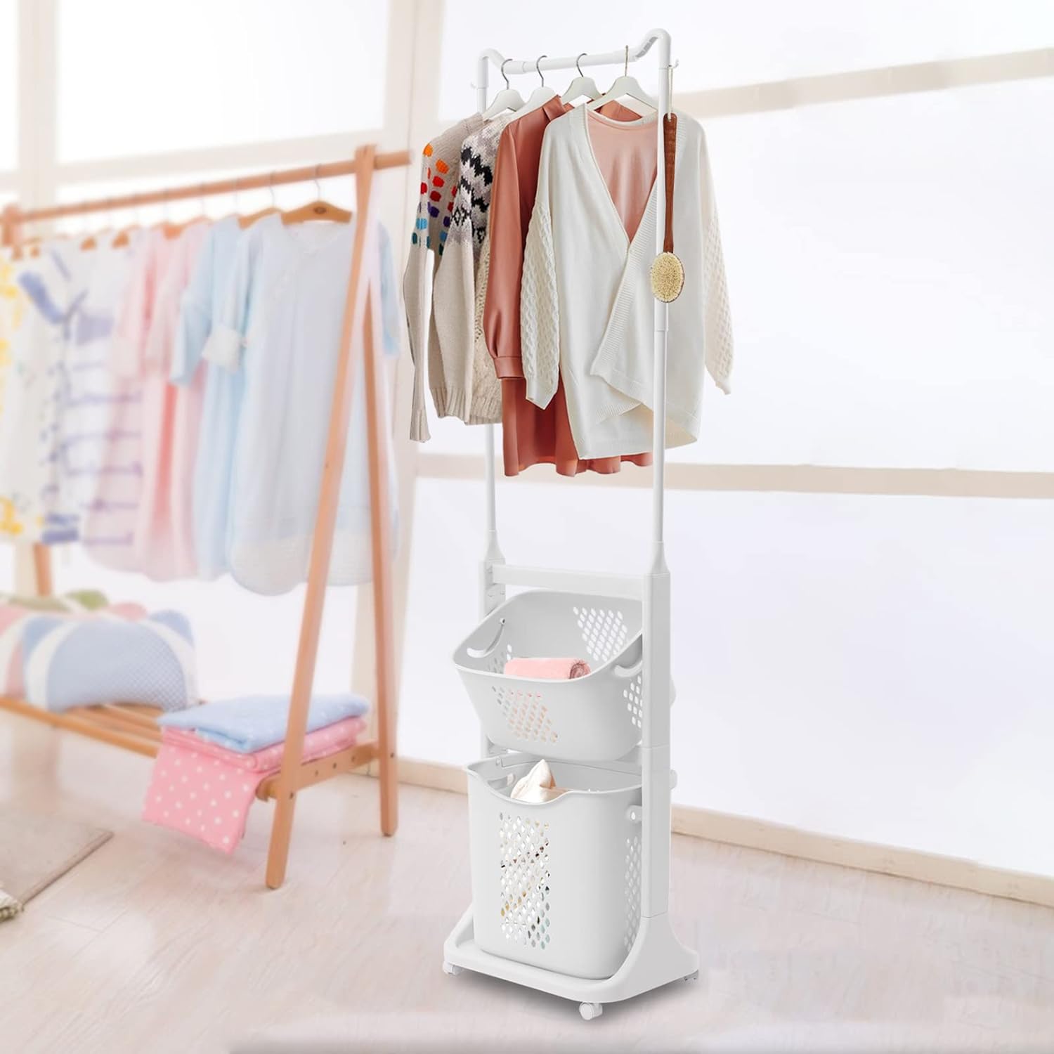 Dirty Clothes Hanger With Basket , Laundry Basket with Wheels happyhome