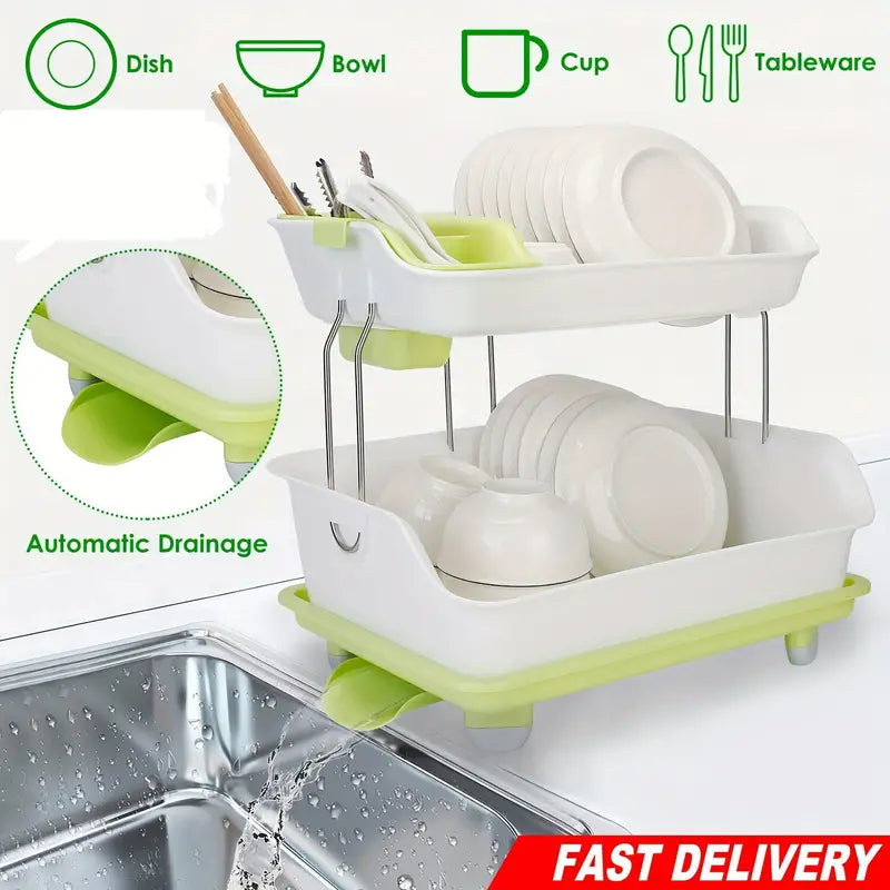 Double Layer Simple Dish Rack,Kitchen Shelf Dish Drain Rack happyhome