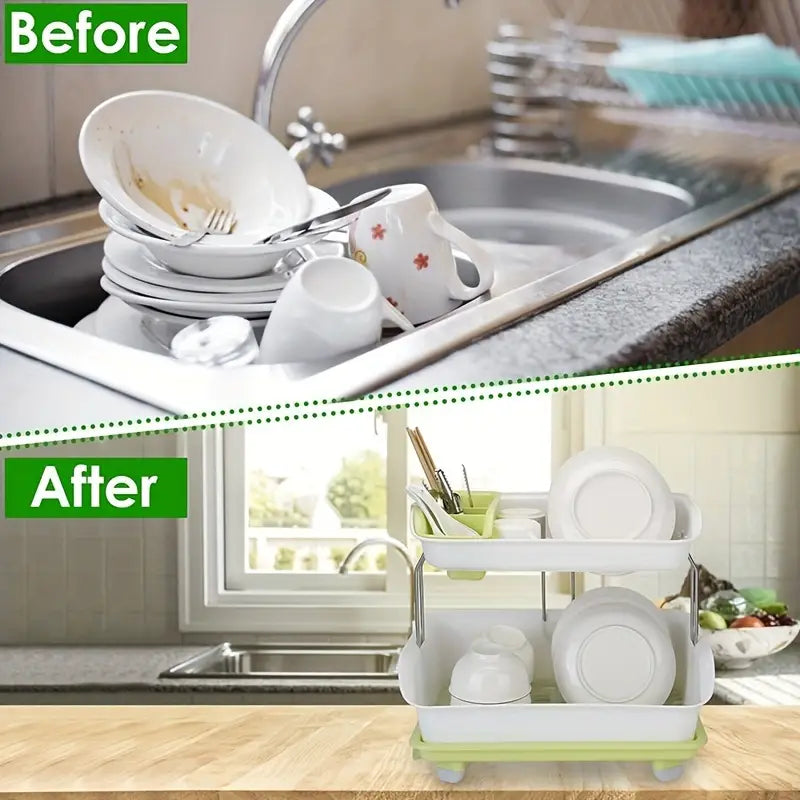 Double Layer Simple Dish Rack,Kitchen Shelf Dish Drain Rack happyhome