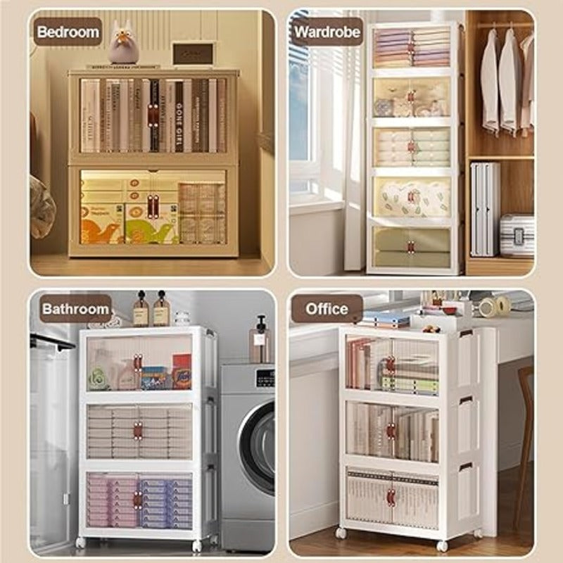 Foldable Storage Cabinet 4 Layer, Stackable Portable Storage Cabinet with Movable Wheels happyhome