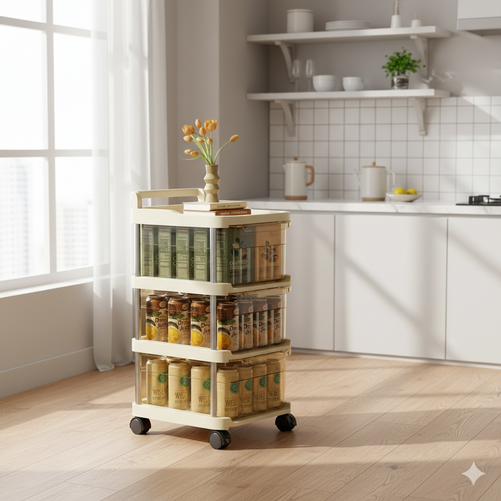 Plastic Drawer Organizer with Wheels, Multilayer Rolling Storage Cabinet