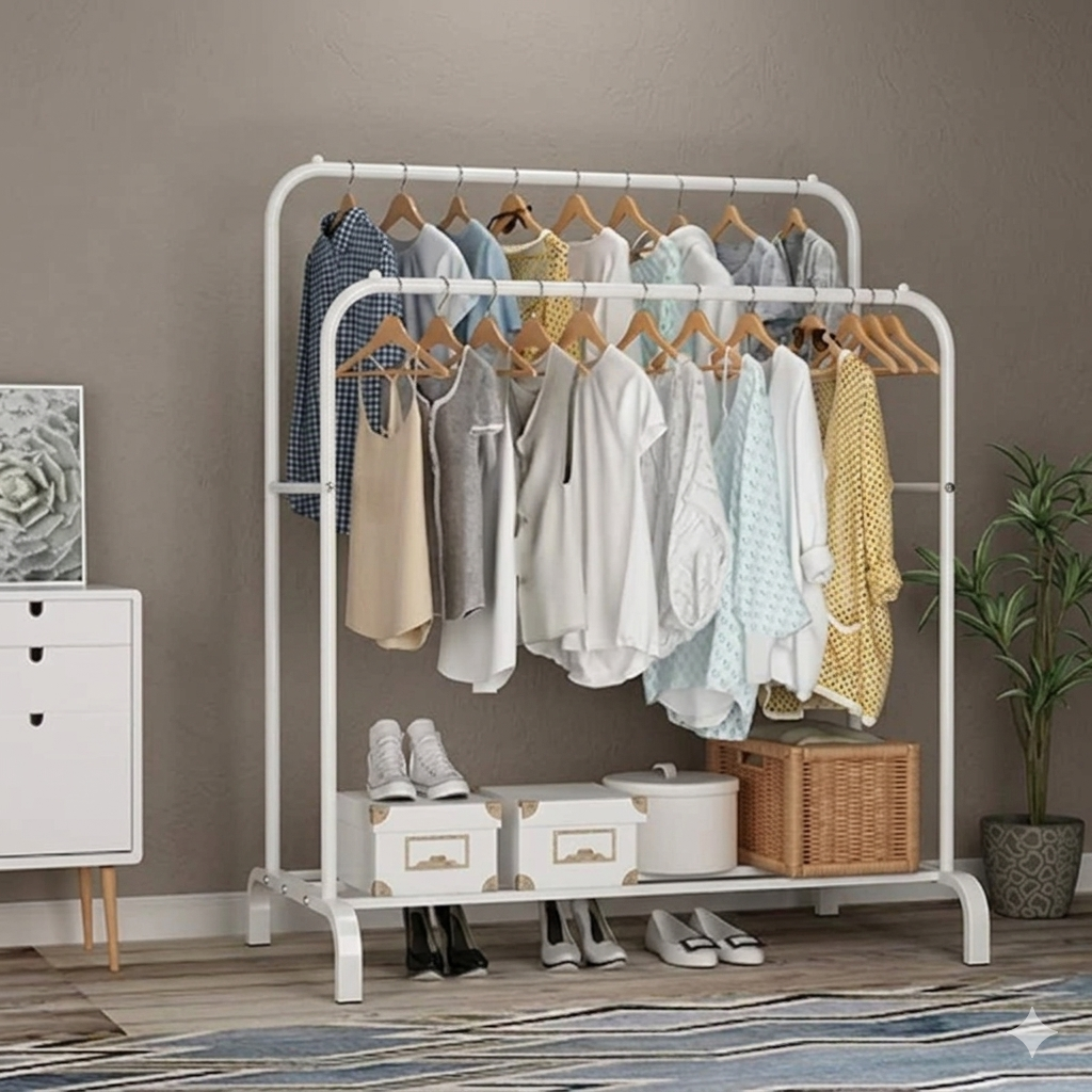 Clothes' Hanger with Shoe Organize-Double Pole, Clothes Rack with Hat Organizer