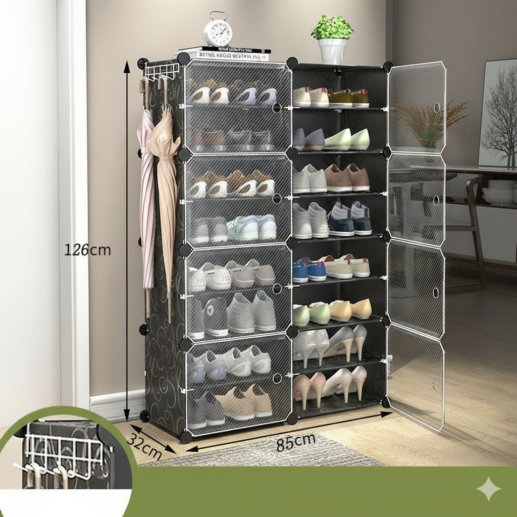 2 Column 8 Layer 8 Door Shoe Rack, Portable Shoe Rack with Door