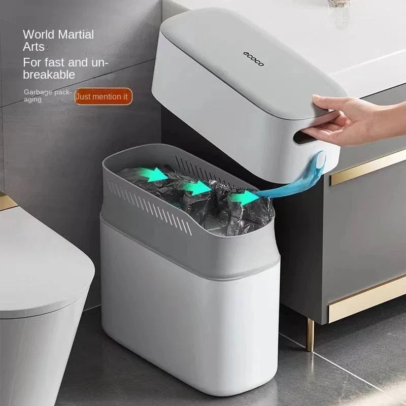 Narrow Press-Lid Trash Can, Slim Waste Bin