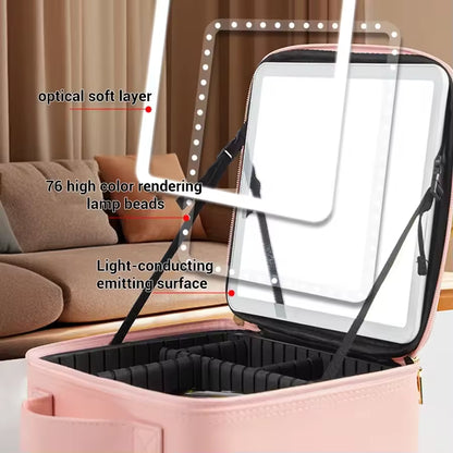 حقيبة مكياج مزودة بمرآة LED، حقيبة تنظيم مستحضرات التجميل للسفر مزودة بمرآة LED