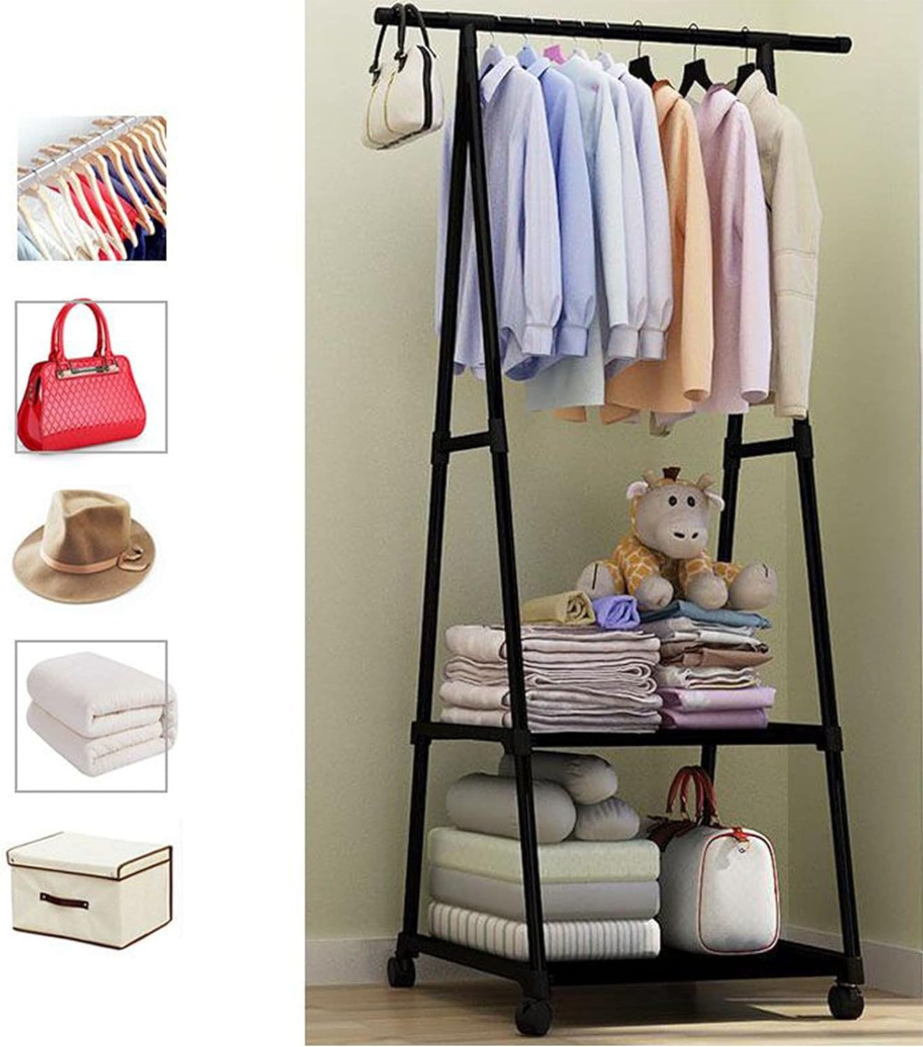 Triangle Clothes Rack - Trolley , , Clothes Hanger Stand with Shoe Shelf with Wheels happyhome