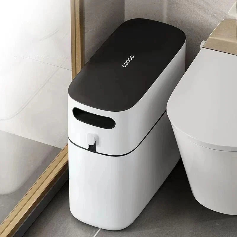 Narrow Press-Lid Trash Can, Slim Waste Bin